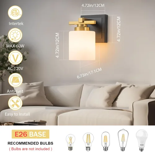 Miniatura 5 de 1 Luminaria Moderna de Baño sobre Espejo, Luces de Tocador Negro Dorado para Apliques de Pared de Baño con Pantallas de Vidrio Blanco Lechoso