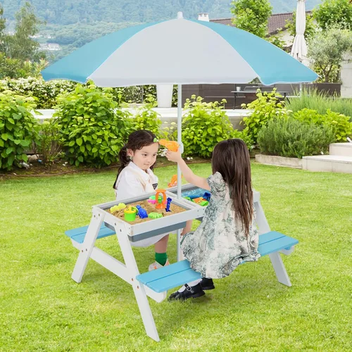 Miniatura 9 de HONEY JOY Mesa de picnic para niños, mesa de madera de cedro 4 en 1 para arena y agua con 2 cajas extraíbles y paraguas, mesas de picnic para niños
