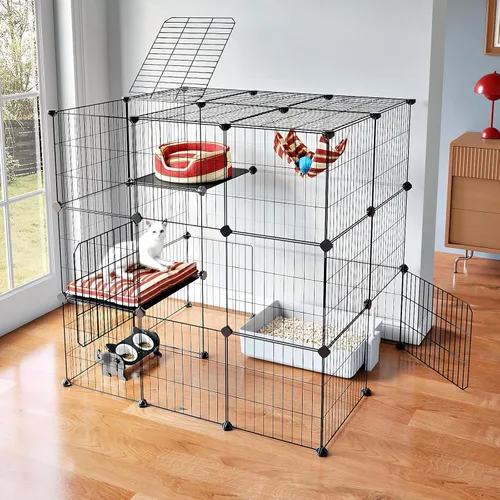 Miniatura 8 de Oneluck Jaulas para Gatos de 3 Niveles Recinto Interior Corralito DIY para Gatos Catio Desmontable Jaulas de Alambre Metálico para Gatos Jaula