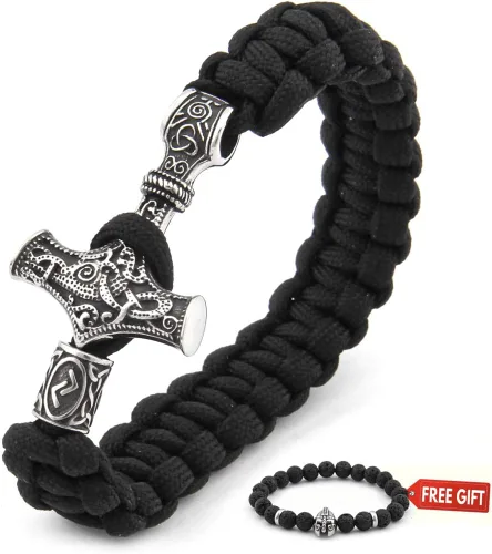 BAVIPOWER Viking Mammen Thor Hammer - Pulsera trenzada con 4 opciones de longitud, acero inoxidable, joyería pagana Asatru para hombres y mujeres