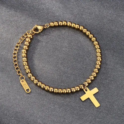 Miniatura 6 de Pulsera de cuentas de oro de 14 quilates chapada en oro con cruz y cadena de cola ajustable de 2.2in.