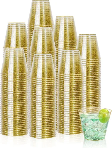 Miniatura 18 de I00000 Paquete de 100 unidades de vasos de plástico dorado de 12 onzas, vasos desechables con borde dorado, vasos de vino desechables y copas