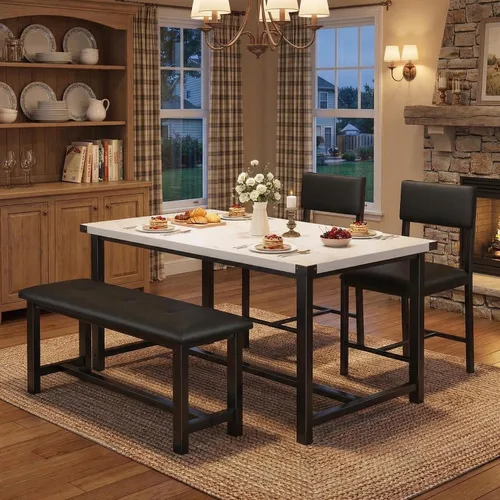 Miniatura 2 de GarveeHome Juego de mesa de comedor para 4, mesa de cocina con 2 sillas tapizadas y banco, juego de comedor de cocina de madera, para espacios