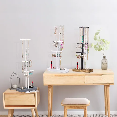 Miniatura 7 de Love-KANKEI Soporte para árbol de joyería, base de metal blanco y madera, organizador de joyas grande para collares, pulseras, aretes, organizador
