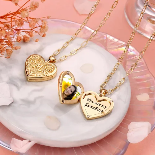 Miniatura 6 de Collares con medallón para mujeres y niñas, chapado en oro de 14 quilates, collar con inicial de corazón de girasol, collar con medallón de corazón