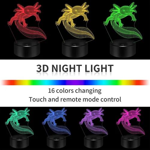 BASSI Axolotl Gifts - Lámpara de ilusión 3D con luz nocturna de ajolote 3D, 16 colores cambiantes con control remoto, decoración de dormitorio para