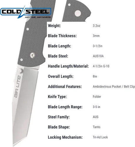 Miniatura 5 de Cold Steel Air Lite - Cuchillo plegable de bolsillo compacto de 3.5 pulgadas AUS10A con mango G-10 de 4.5 pulgadas, con bloqueo Tri-Ad