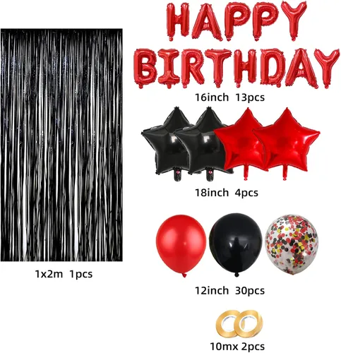 Miniatura 2 de Decoraciones de cumpleaños para hombres y mujeres, globos negros y rojos, pancarta de feliz cumpleaños, cortina metálica con flecos para fiesta
