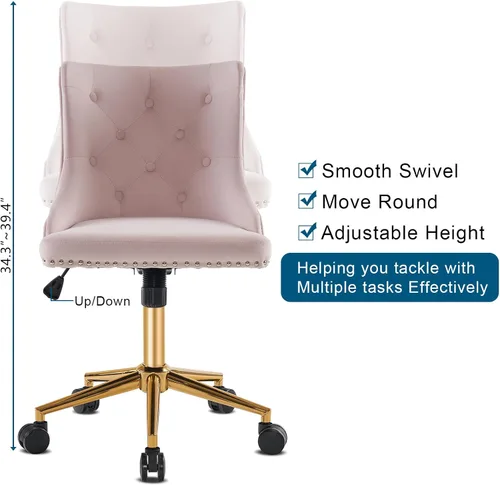 Miniatura 6 de VINGLI Silla de escritorio de terciopelo rosa claro sin brazos para oficina en casa con base dorada/ruedas, bonita silla de tocador y maquillaje