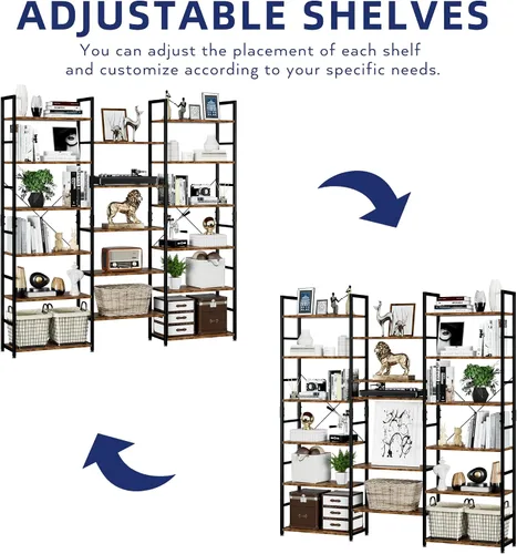 Miniatura 5 de NUMENN Estantería Triple Ancha de 5 Niveles, Estantes de Libros Ajustables de Estilo Industrial Rústico, Librerías y Estanterías Modernas Muebles