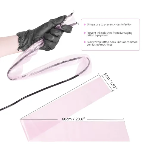 Miniatura 2 de ATOMUS 100 fundas de cordón con clip de tatuaje con 2 piezas de vendaje autoadhesivo, bolsas de plástico desechables, bolsa para bolígrafo de Rosado