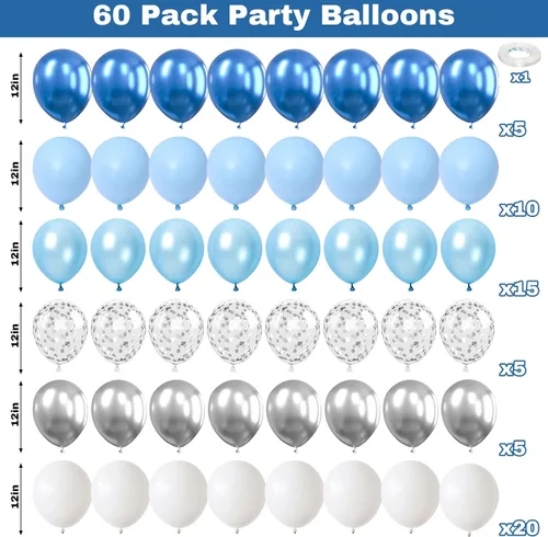 Miniatura 2 de Jobkoo Globos Azules y Blancos, 60 Pzs Globos de Látex Pastel Azul Bebé Plateado de 12 Pulgadas con Globos de Confeti Metálico Globos de Graduación