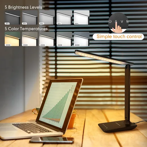 Miniatura 4 de Lámpara de escritorio LED White Crown con cargador inalámbrico de 15W y puerto USB, lámpara de mesa regulable con 5 modos de iluminación, control