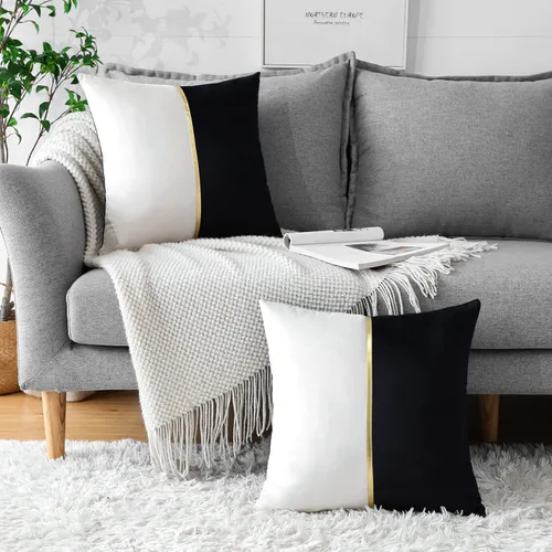 Miniatura 5 de OTOSTAR Fundas de almohada de terciopelo negro y blanco con parche de cuero dorado, lujo moderno minimalista, fundas de cojín cuadradas para sala