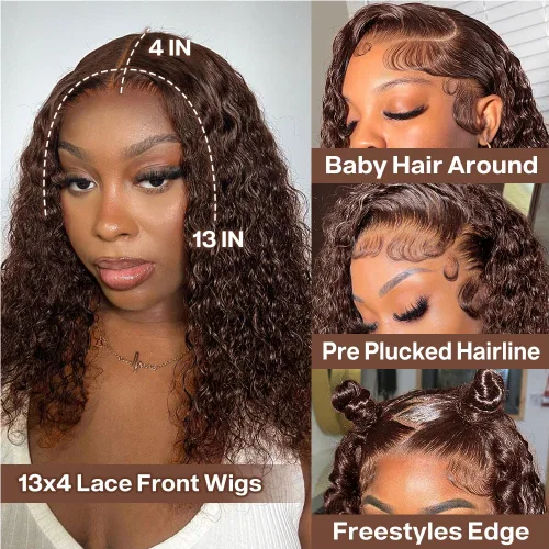 Miniatura 2 de Pelucas de cabello humano rizado marrón chocolate con encaje frontal, prearrancadas de 13 x 4 pulgadas, pelucas de encaje frontal HD de onda