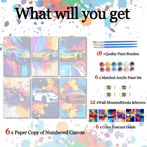 Miniatura 2 de Aihonmin Paquete de 6 pinturas por números para adultos, amantes de los automóviles, kit de pintura por números, sobre lienzo para principiantes