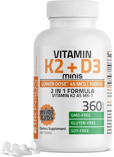 Bronson Vitamina K2 (MK7) con D3 Dosis Baja 45mcg Vitamina K2 y 1000 UI Vitamina D3 Fácil de Tragar Mantenimiento Diario Fórmula 2 en 1 Sin GMO, 360