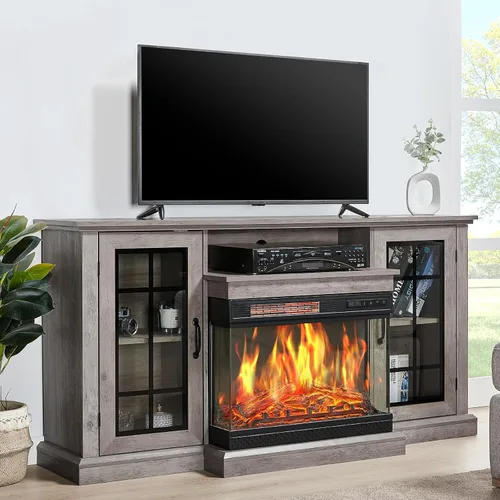 LUXOAK Soporte de TV para Chimenea con Chimenea Eléctrica de Vidrio de 3 Lados, Centro de Entretenimiento Multimedia de 59" con Gabinete de Gris