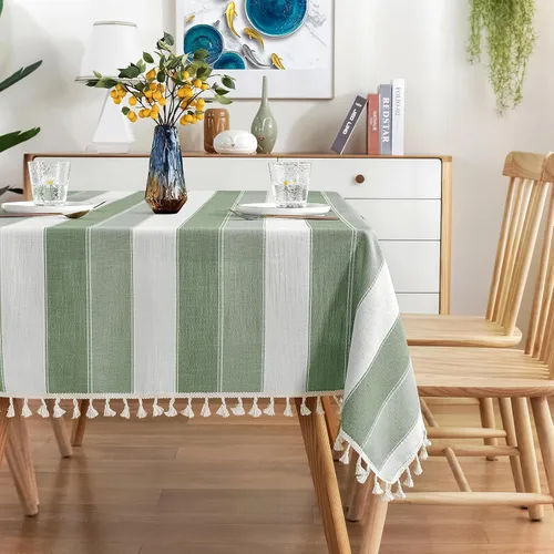 Miniatura 8 de AmHoo Mantel rectangular con borlas a rayas para mesa de cocina y comedor, 55 x 55 pulgadas, color verde azulado