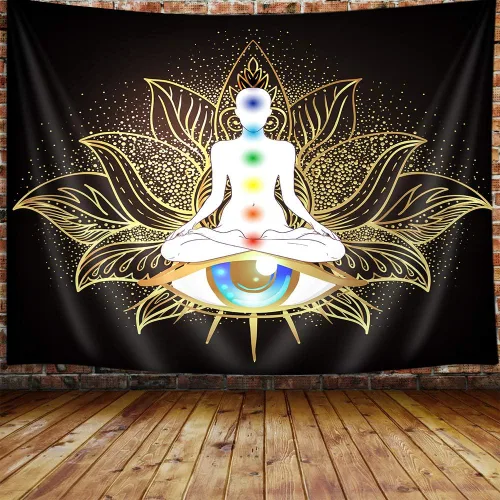 JAWO Tapiz de meditación, decoración de yoga, pequeño tapiz para colgar en la pared para dormitorio, tapiz de loto negro dorado, póster de manta de