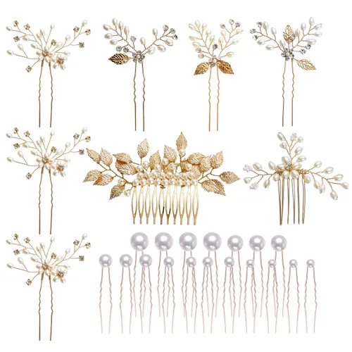 inSowni Paquete de 26 peines laterales dorados para bodas y novias+horquillas en forma de U, pasadores para el cabello, pasadores de hojas, flores,