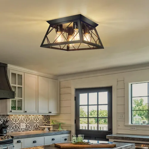 FadimiKoo Lámpara de techo empotrada negra de 4 luces para cocina, pasillo, iluminación industrial cercana al techo, lámpara de jaula cuadrada de