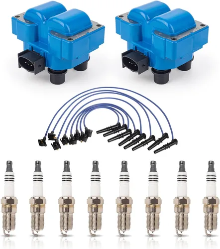 ENA Juego de 2 bobinas de encendido azules con 8 bujías de platino y cable azul compatibles con Ford Crown Victoria E-150 F-150 F-250 Ranger