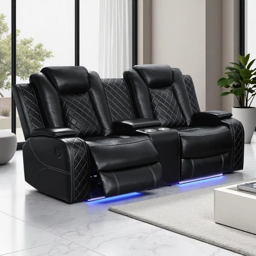 Miniatura 15 de Juego de Sofá Reclinable Eléctrico, Juego de Sofá y Sillón Reclinable de Cuero Negro, Juegos de Muebles de Sala de Estar, Sofá de Dos Plazas