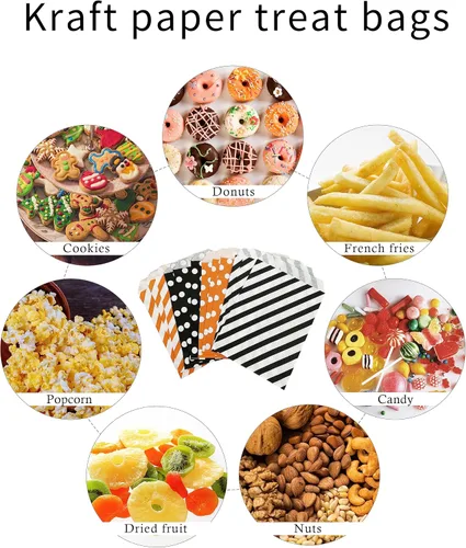 Miniatura 4 de Jexila Paquete de 100 bolsas de regalo de Halloween, bolsas de papel con patrón de lunares naranjas y negros con patrón de rayas para niños, regalos