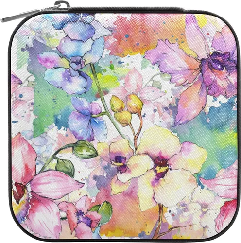 MEAMOTAN Joyero pequeño, diseño de flores de acuarela, mini joyero de viaje, organizador de joyas portátil, soporte de almacenamiento para anillos,