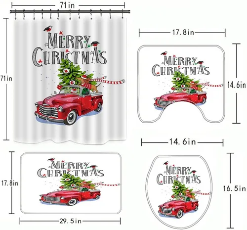 Miniatura 3 de Juego de 4 cortinas de ducha con alfombra antideslizante, cubierta para tapa de inodoro y tapete de baño, cortina de ducha de Papá Noel con 12