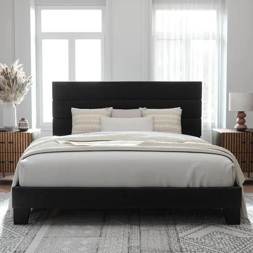 Miniatura 3 de Allewie Base de cama de plataforma tamaño King con cabecera tapizada de terciopelo y soporte de listones de madera, base de colchón totalmente Negro