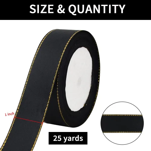 Miniatura 2 de TONIFUL Cinta de satén fina de 1 pulgada x 25 yardas con bordes dorados, cintas de tela de borde dorado para envolver regalos, boda, cumpleaños