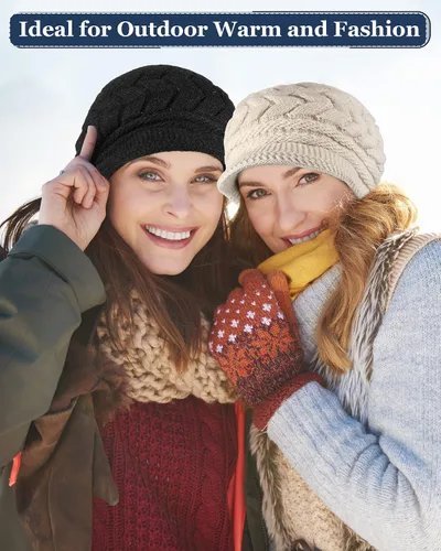 Miniatura 12 de SATINIOR Juego de 4 gorros y guantes de invierno para mujer, gorro de punto cálido, gorro de esquí de nieve con visera y guante para pantalla rojo