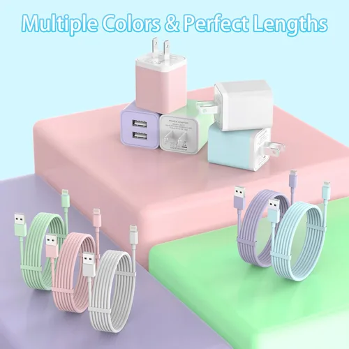 Miniatura 4 de iGENJUN Paquete de 5 cargadores de iPhone, adaptador de bloque de cargador de pared USB de doble puerto con cable Lightning largo de 6 pies, cables