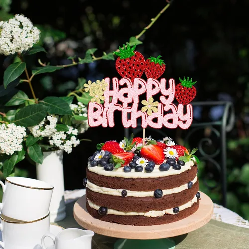 Miniatura 5 de 1 paquete de decoración de pastel de fresa con purpurina para temática de frutas, baby shower, fiesta de cumpleaños de niños, suministros