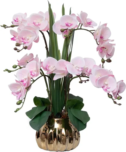 Miniatura 18 de CXGS Planta de orquídeas artificiales de tacto real, orquídeas falsas en jarrón de cerámica, naranja, 19.7 pulgadas, arreglo floral falso