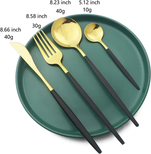 Miniatura 3 de Juego de cubiertos dorados con mango negro, 24 piezas de acero inoxidable brillante, cubiertos para 6, aptos para lavavajillas