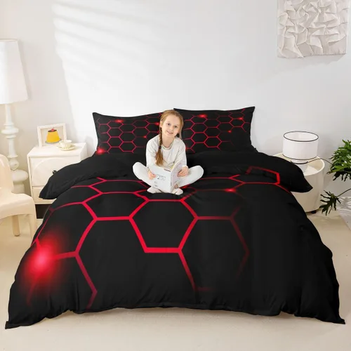 Miniatura 9 de Juego de funda de edredón hexagonal geométrica de panal de abeja, funda de edredón hexagonal moderna para niños, niños, niñas, azul neón, negro
