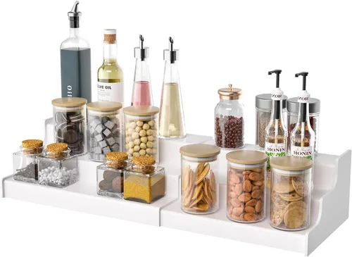 Sezanrpt Organizador expandible de 3 niveles, estante de exhibición de encimera de cocina blanco, organizador de condimentos para gabinete,