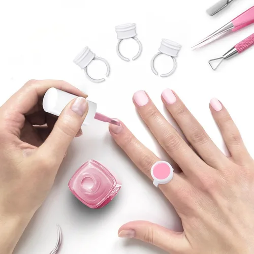 Miniatura 7 de G2PLUS Anillos de pegamento para extensiones de pestañas, 100 piezas de anillos desechables para pigmentos, soporte de pegamento de pestañas blanco