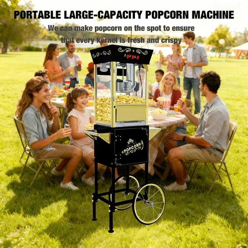 Miniatura 4 de Máquina Comercial de Palomitas de Maíz Vintage Negra con Carrito y Luz Calentadora - Fabricadora de Acero Inoxidable de 12oz Hace 60 Tazas
