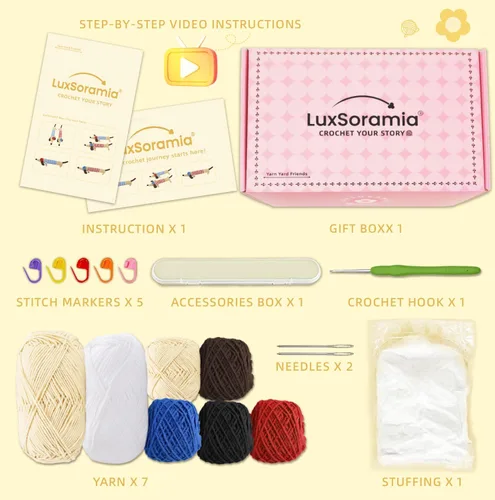Miniatura 4 de luxSoramia Kit de ganchillo para principiantes, kit de 2 piezas de perro salchicha para principiantes con tutoriales en video paso a paso, kit