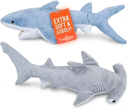 Bedwina Tiburones de peluche – Paquete de 2 juguetes grandes de tiburón Mako de 14 pulgadas y cabeza de martillo de 13 pulgadas, juguetes de