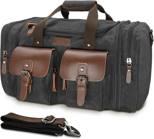 Miniatura 9 de Wildroad Bolsa de viaje de lona de 50L, bolsa de lona expandible de cuero genuino, bolsa de fin de semana mejorada para una noche, bolsa de mano