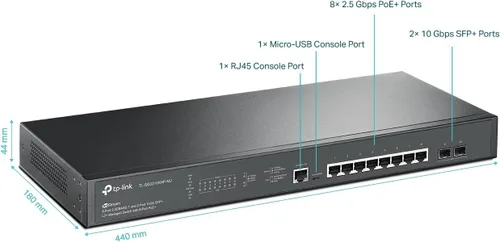 Miniatura 2 de TP-Link TL-SG3210XHP-M2 Switch PoE gestionado Jetstream de 8 puertos Multi-Gigabit L2+ 8 puertos PoE+ @240W, 2 ranuras SFP+ de 10G Ancho