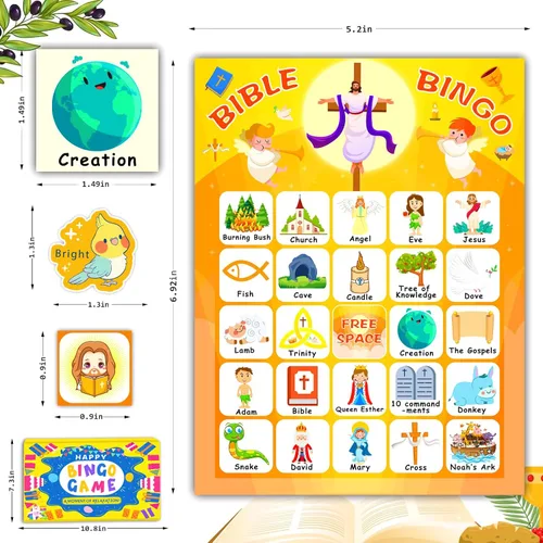 Miniatura 3 de HomSeon Tarjetas de bingo bíblicas para 24 jugadores, juego de bingo cristiano para niños con calcomanías de Punny Jesús, juego cristiano religioso