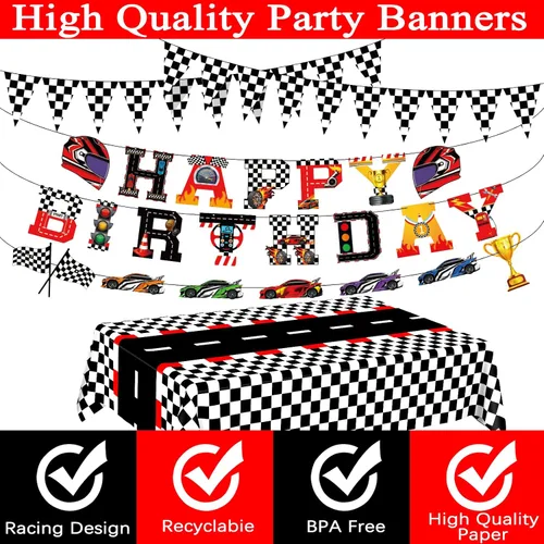 Miniatura 6 de WNINK Manteles con temática de auto de carreras, cartel de feliz cumpleaños, mantel rectangular de carreras, kit de decoración de fiesta de auto