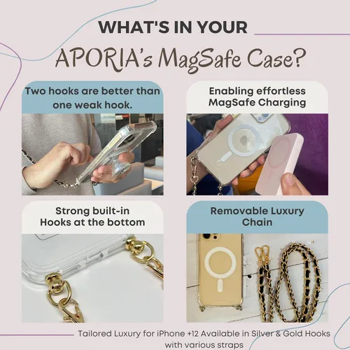Miniatura 5 de Aporia - Funda transparente compatible con MagSafe iPhone 16 Plus con gancho integrado y cadena de correa de hombro cruzada Carga inalámbrica
