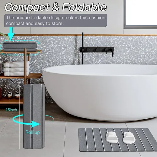 Miniatura 5 de Paquete de 1 tapete de baño plegable de piedra para baño, tapete de baño gris súper absorbente de tierra de diatomeas, alfombra de ducha